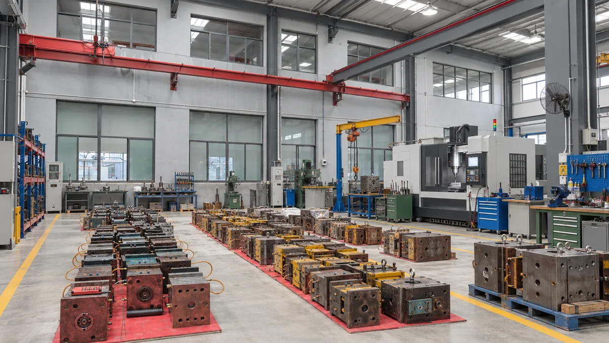 Tooling workshop with molds arranged for production engineering